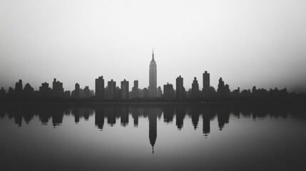 Fototapeta premium Black and white skyline of a city featuring a tall building reflected in calm water at dusk