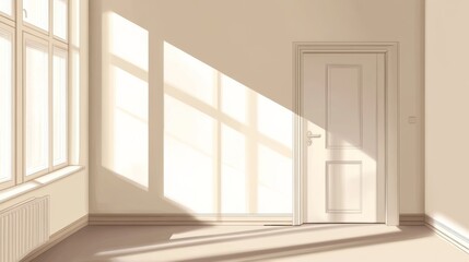 Obraz premium Bright, empty interior room with sunlight casting shadows across the walls and floor