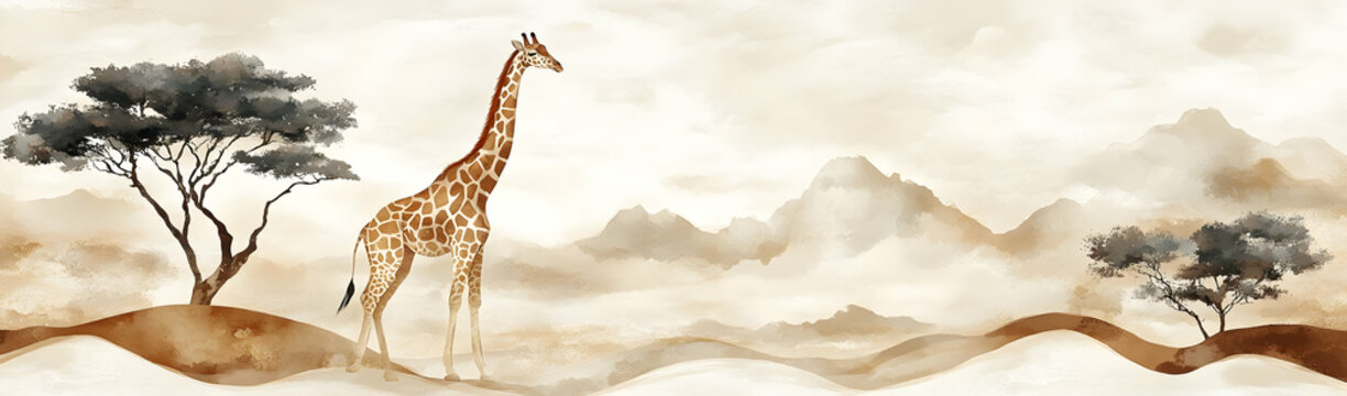 Fototapeta Giraffe Savannah Mountain Watercolor Print