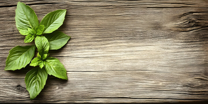 Fresh basil on rustic wood; recipe background