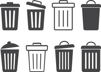 Various Trash Can Icons with Open and Closed Lids.