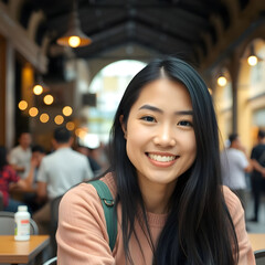 A woman in her early 20s, with long black hair, light skin, and a natural smiling face. Generative AI.
