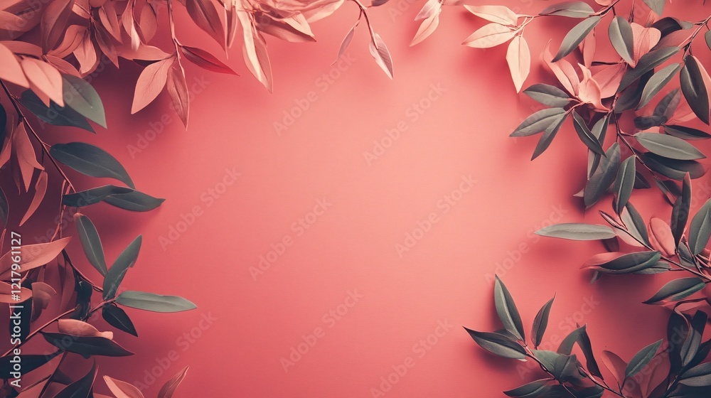 Poster Branches with green and pink leaves creating a frame on a coral background