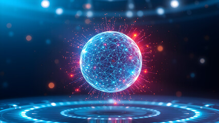 Abstract energy magic sphere ball atom round molecule made of glowing bright electric electrons small round particles flying dots on black background. Generative AI