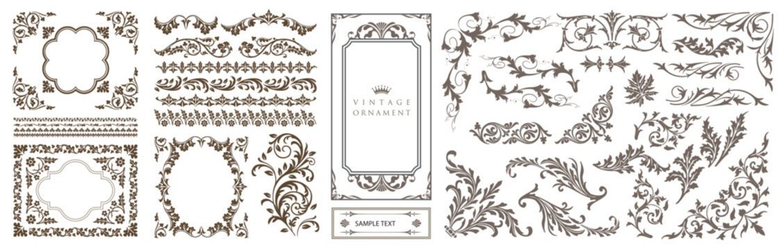 Floral vintage ornament, decorative vector frames and borders. Decorative swirls, dividers, border designs and components for wedding invitations, menus, certificates..eps