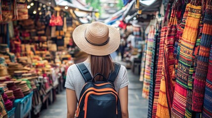 Obraz premium A woman traveler with a backpack and sunhat walking through the vibrant Chatuchak Weekend Market in Bangkok, exploring stalls filled with local crafts.