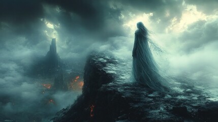 Ethereal woman in flowing robe on clifftop overlooking fiery, misty landscape.