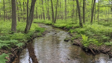 Obraz premium Clear stream running through a forest glade, with lush green plants and ferns along the banks creating a natural paradise.