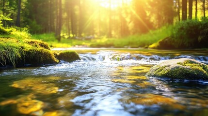 Close-up of a clear stream flowing through a forest, with sunlight reflecting off the water and moss-covered stones in the foreground.