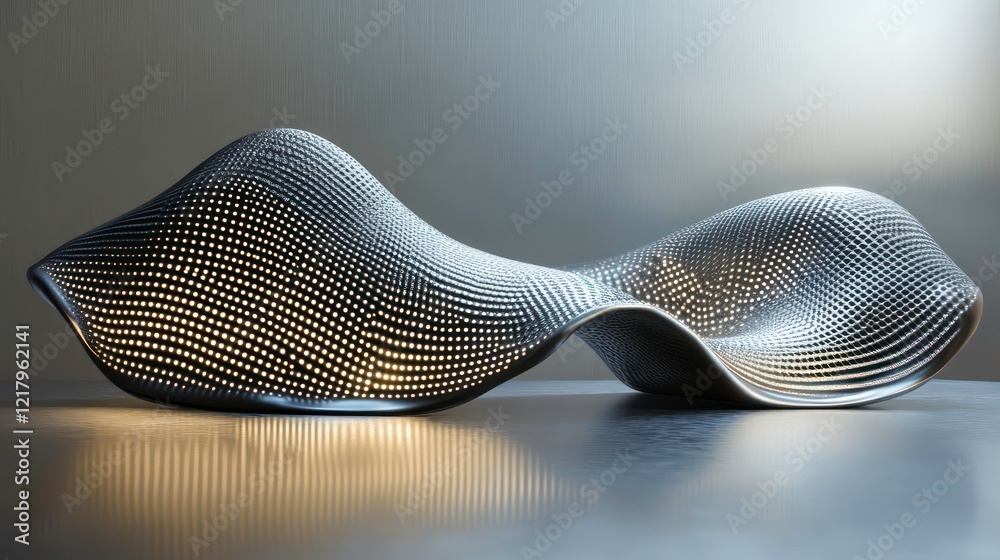 Poster futuristic metallic sculpture with wave-like design, illuminated from within, reflecting on a sleek 
