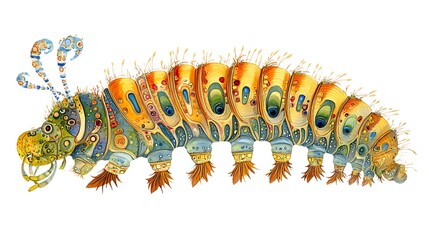 Obraz premium Whimsical Watercolor Caterpillar: A vibrant, intricately detailed illustration of a fantastical caterpillar, showcasing a unique blend of colors and textures.