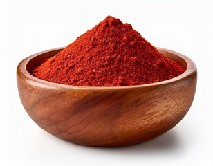 red chilli powder on wooden bowl isolated on white background