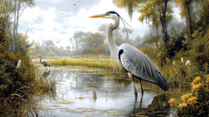 Obraz premium Majestic Great Blue Heron in tranquil swamp