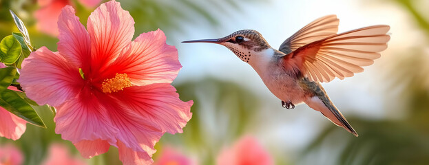 Naklejka premium Hummingbird Hibiscus Garden Flight