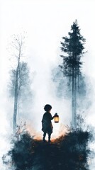 Fototapeta premium Child With Lantern Walks Through Misty Forest