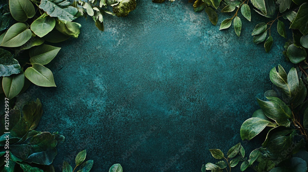 Poster Green leaves creating a frame on a textured teal background