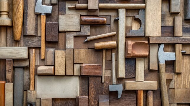 A Colorful Composition of Vintage Woodworking Tools and Wood Blocks