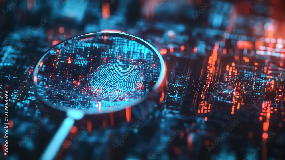 Poster fingerprint magnified on a circuit board, representing digital security and data protection.