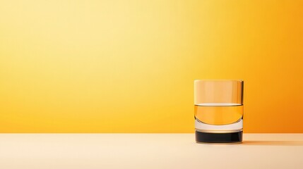   A yellow wall with a table and glass of water in front