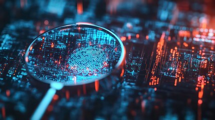 Fingerprint magnified on a circuit board, representing digital security and data protection.