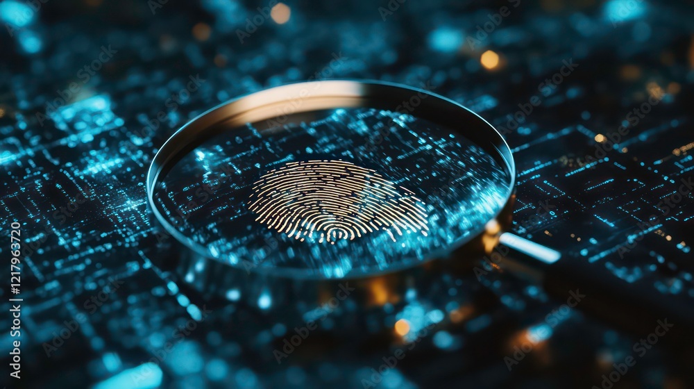 Poster magnifying glass over a digital fingerprint on a circuit board.