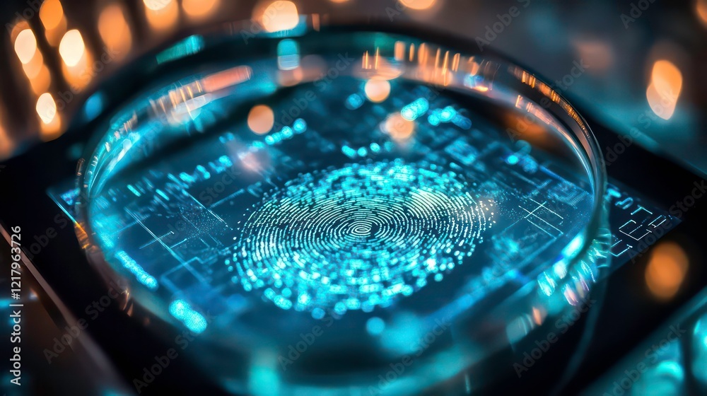 Aufkleber close-up of a glowing fingerprint on a digital screen viewed through a magnifying glass.