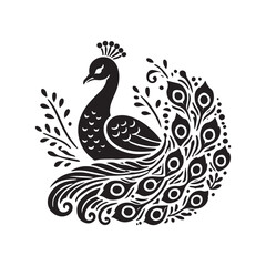Black Color Peacock silhouette design Vector Illustration, Solid White Background (14).eps