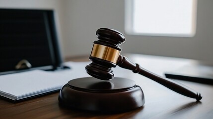 Wooden Gavel On A Courtroom Desk