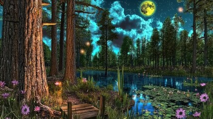 enchanted forest with moonlit lake