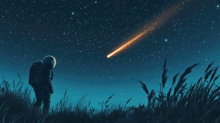 Obraz premium Astronaut on alien planet watching a meteor shower at night.