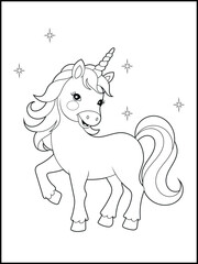 Illustration of a cute baby unicorn cartoon character. Black and white Printable Unicorn coloring page for kids.