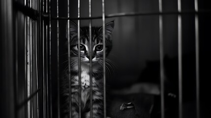 A small feline behind the bars of an enclosure, with a dark and blurry background, in a monochrome image.
