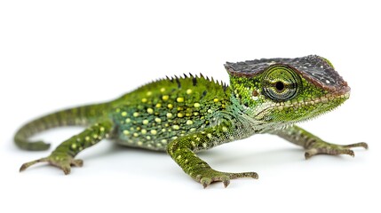 Naklejka premium Close-up of a vibrant green casque-headed chameleon, showcasing its unique head crest and intricate scales against a stark white background.