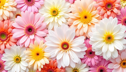 Fototapeta premium A dynamic floral wall filled with blooming chrysanthemums, daisies, and other wildflowers, bursting with radiant colors and natural beauty.