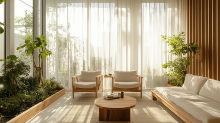 Fototapeta premium Sunlit minimalist living room with light wood furniture, plants, and sheer curtains.