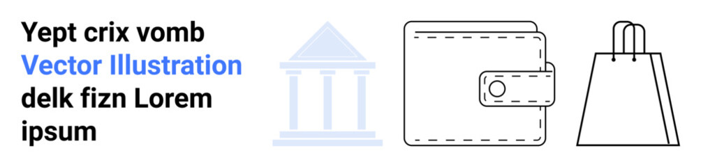 Fototapeta premium Bank building, wallet with button clasp, and shopping bag on a white background. Ideal for finance, banking, commerce, shopping, investment retail and business themes. Landing page