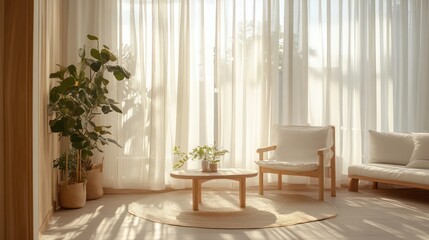 Sunlit living room with white armchair, coffee table, plants, and sheer curtains.