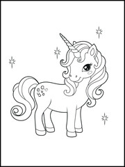 Illustration of a cute baby unicorn cartoon character. Black and white Printable Unicorn coloring page for kids.