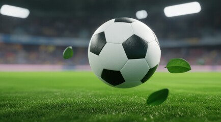 A soccer ball soaring above grass with leaves in a stadium setting.