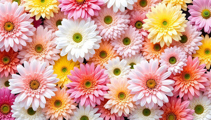 A dynamic floral wall filled with blooming chrysanthemums, daisies, and other wildflowers, bursting with radiant colors and natural beauty.