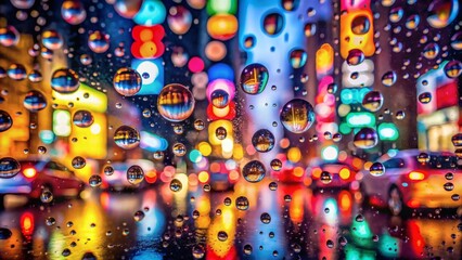 Obraz premium Droplets reflecting colorful city signs