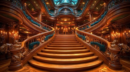Obraz premium Grand opulent wooden staircase in a luxurious palace.