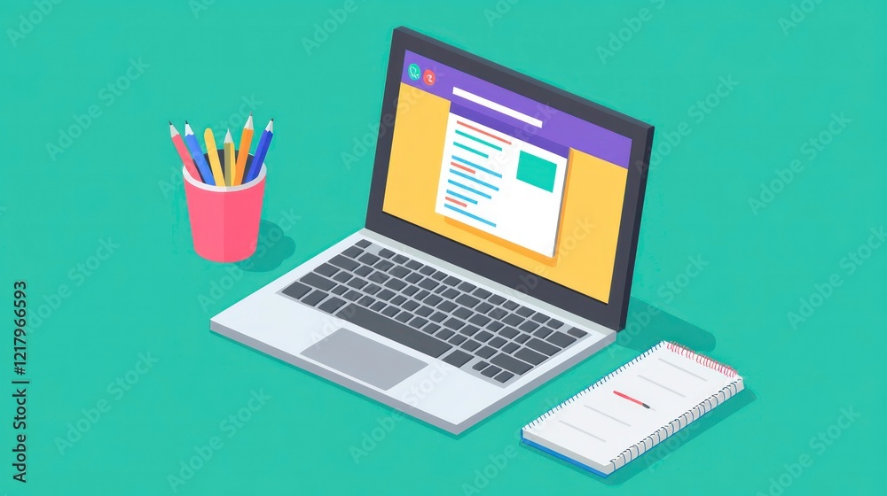 Poster laptop with website design on screen, pencils, and notepad on teal background.