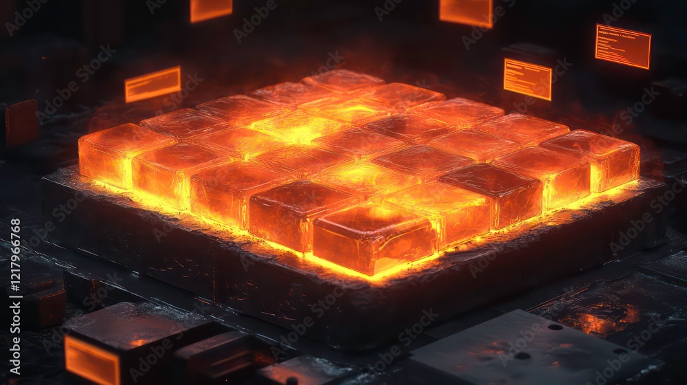Poster glowing orange cubes arranged on a dark surface, resembling a futuristic energy source or technology