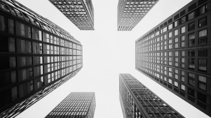 Fototapeta premium Low-angle monochrome view of skyscrapers converging.