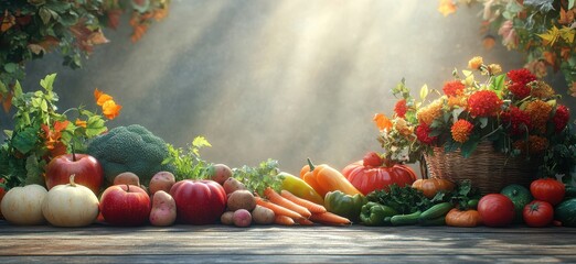 Fototapeta premium Abundant Harvest Display Featuring Fresh Vegetables and Colorful Flowers on a Wooden Table Under Soft Sunlight with Vivid Colors and Natural Textures