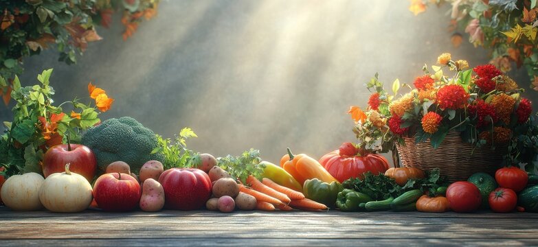 Abundant Harvest Display Featuring Fresh Vegetables and Colorful Flowers on a Wooden Table Under Soft Sunlight with Vivid Colors and Natural Textures