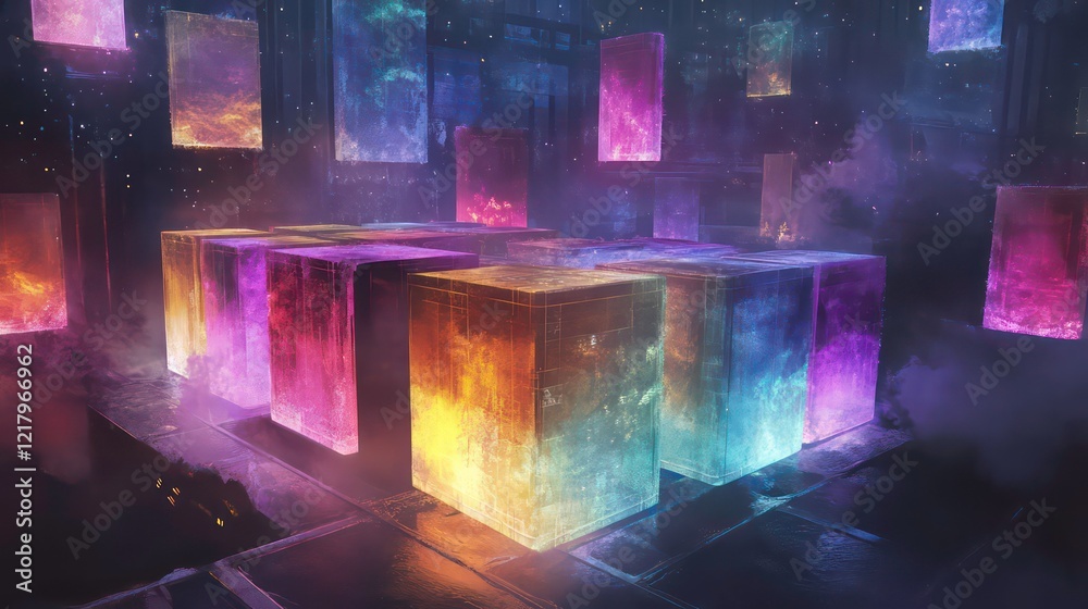 Poster glowing neon cubes in a futuristic digital space.