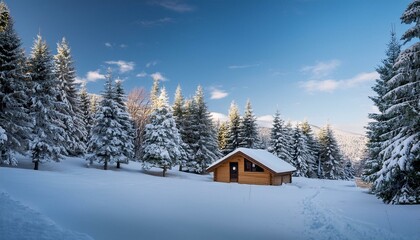winter wonderland with cozy cabin and snow covered pine trees