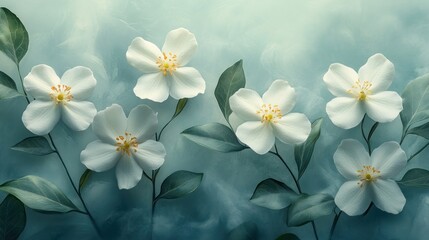 Fototapeta premium White flowers with green leaves on a teal background.